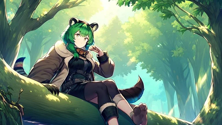 Girl, green hair, raccoon ears, raccoon tail, raccoon face, forest, sit on tree, raccoon paws on hand, paws on foot,coat on neck