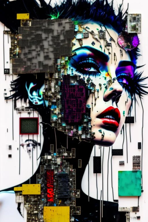 Ultra detailed medium portrait painting of anxiety , torn up collage of clippings, broken circuitry background, matrix effects, punk visual art, punk art aesthetic, graffiti art, pop surrealism, collage art, cluttered paint glitches