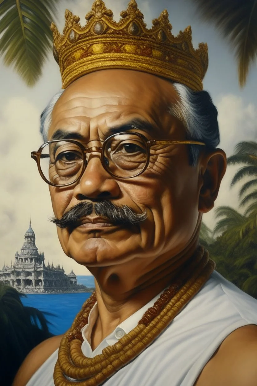 Painting portrait of samoan king with glasses and mustache and palace in the background