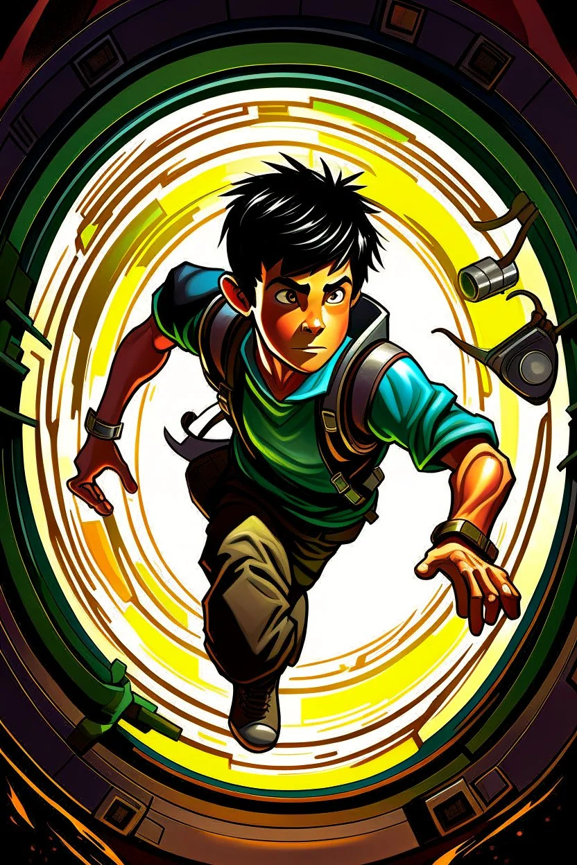 gimme a book cover photo which a boy 11 year old with dark hair has the timex stopped watch on wrist and he is jumping into a portal