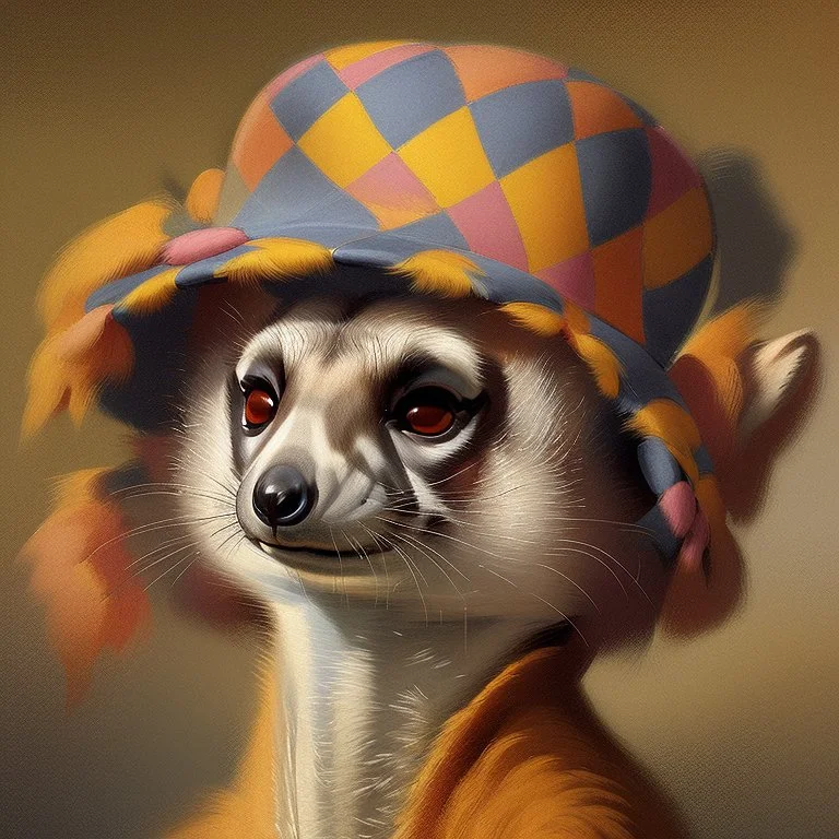 Imagine an anthropomorphic meerkat with a harlequin hat ,by Judith Leyster. in the style of August Macke, John Blanche. Modifiers: oil on canvas vibrant imperial colors hyperrealistic ultra detailed crisp quality whimsical muted colors Decadent 64K, UHD, HDR, HQ anthropomorphic face dark, gloomy, mysterious ©Miwi metallic bronze accents