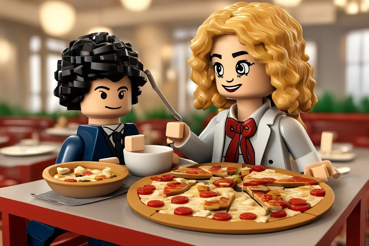 blonde lego girl and curly black haired lego boy eating lego pizza in an italian restaurant in candlelight