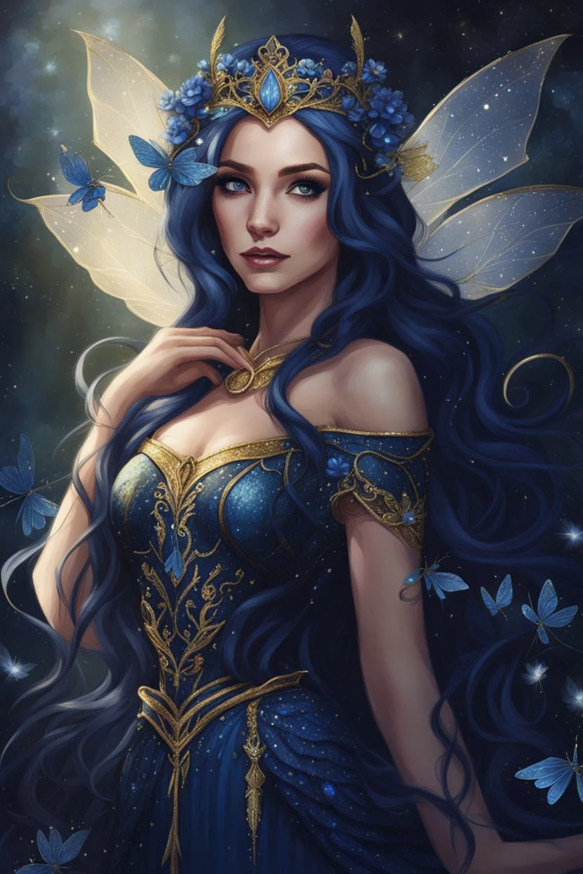 Midnight blue,Dark blue hair,night,dark fairy princess ,elven crown,elven ears,sparkle,glitter,gold armor,dragonflies,rapunzel hair,water lilies