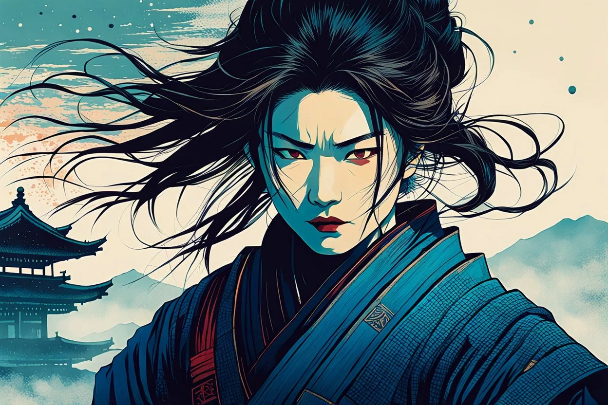 create an imaginative print illustration of an ethereal, otherworldly gaunt and withered ancient female ronin samurai vampire , in the style of Hasui Kawase , Shiro Kasamatsu combined with the graphic novel style of Bill Sienkiewicz, with highly detailed feminine facial features