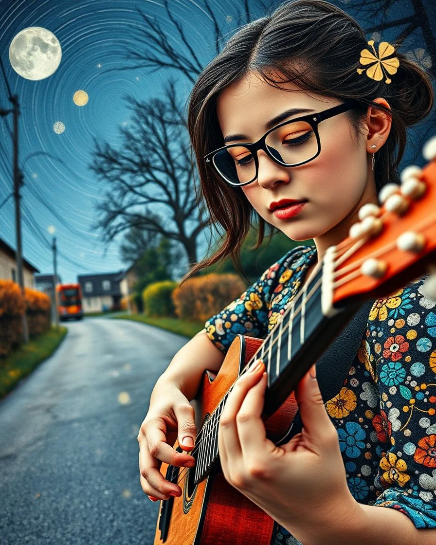 "Midnight Serenade unique" low view angle shot down village road , large close up a beautiful girl wearing eyeglasses and playing the guitar granite terrazzo motifs with puzzle modern clothing is decorated with colorful filigree abstract, Collage chutes papiers magazines,Spirograph background by Nisa Kiley, Textile Artist
