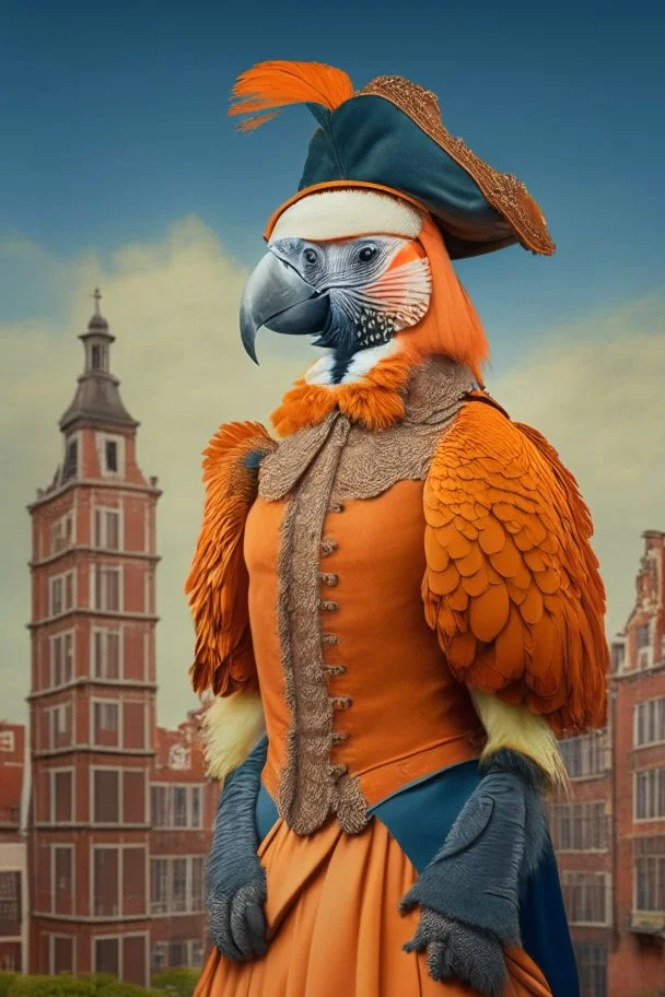 Female Half parrot half human in a old 1700s orange Dutch uniform in front of a Dutch city