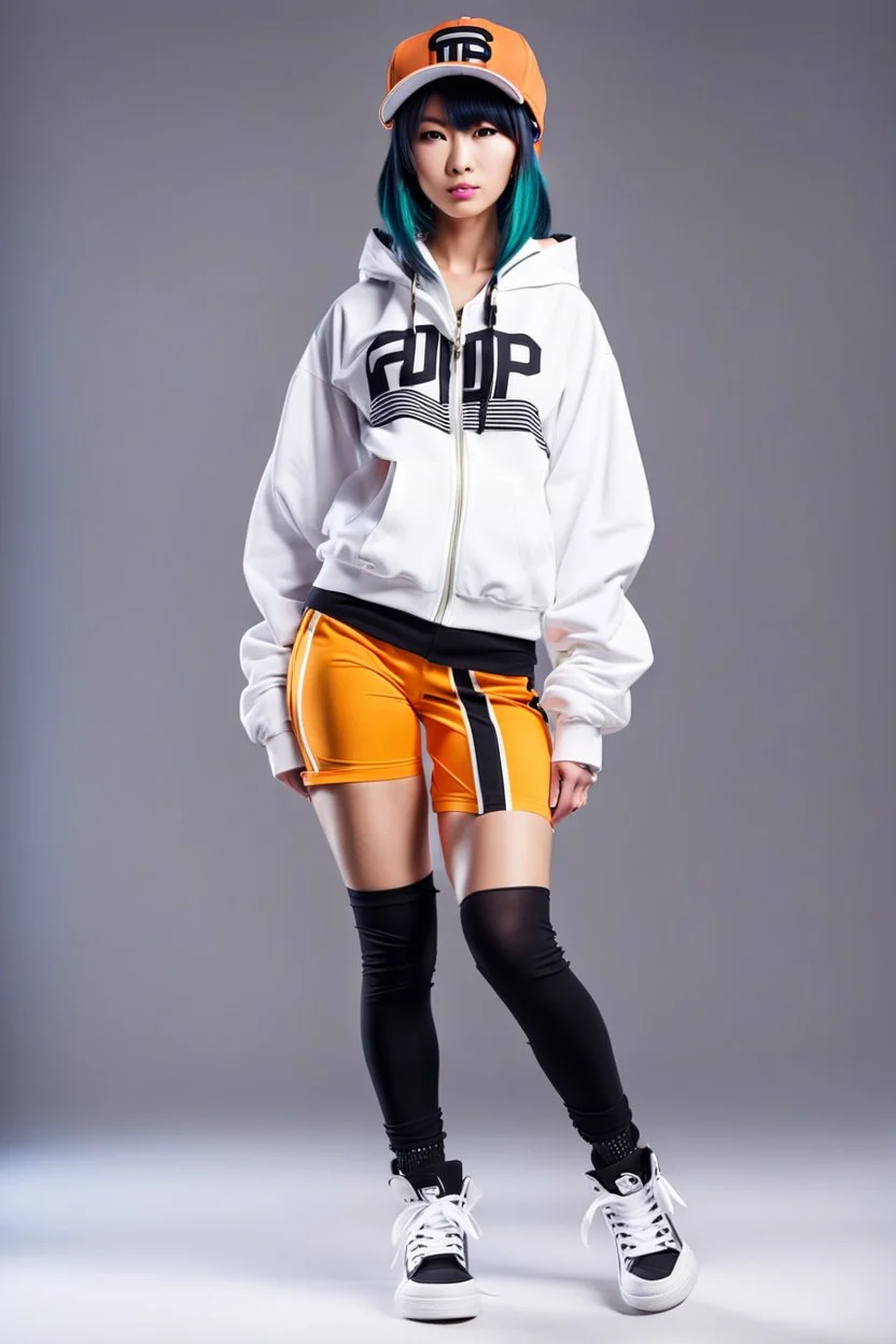 a cute full body shot of anime adult lady wearing hip hop dance clothes standing