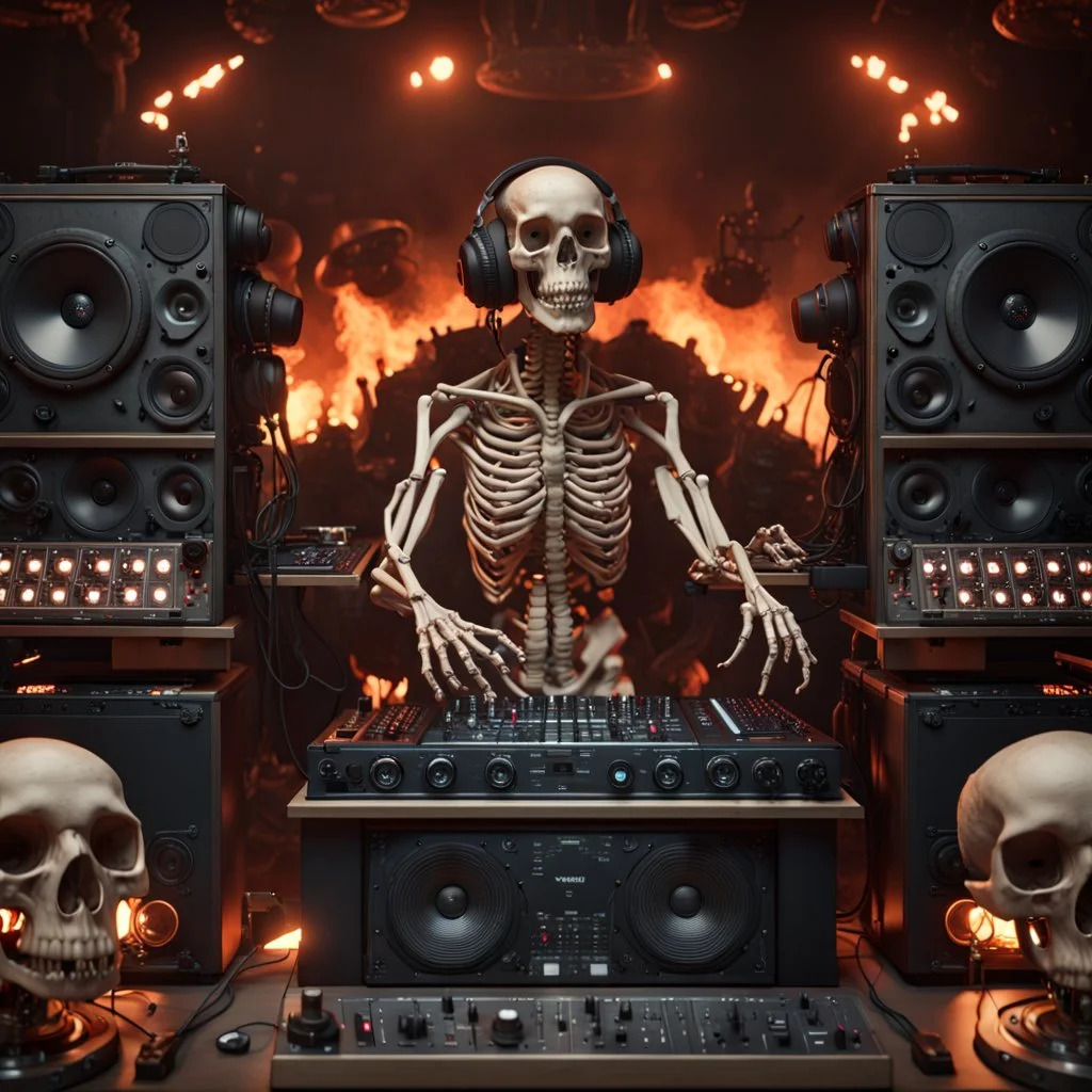 DJ of the damnded, insanely detailed DJ booth in hell, MID set, speakers and equipment made of bone, anatomically correct, add more skulls in th audience, photorealism, vray, 8k 3d