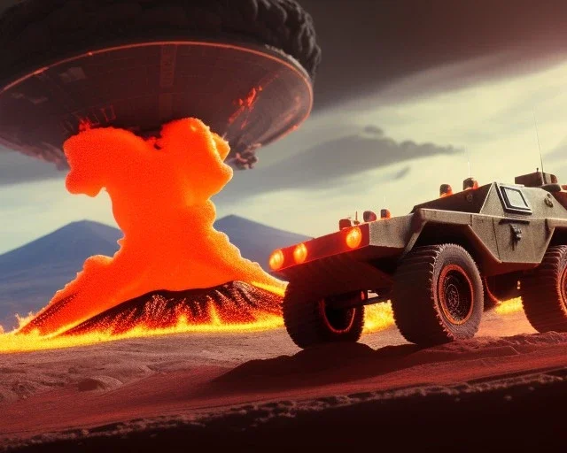 wide angle of Gi joe driving A lunar armored rover with tracks and claw and orange, troops, big Erupting volcano in background, White headlights