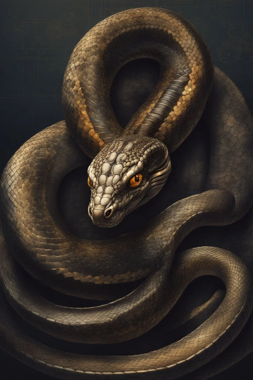 Close up of a Cobra snake ready to strike, head in a flat striking position. Abstract, Stunning and frightening pattern on forehead with staring eyes. Style of steampunk, chaos80, realistic and high quality