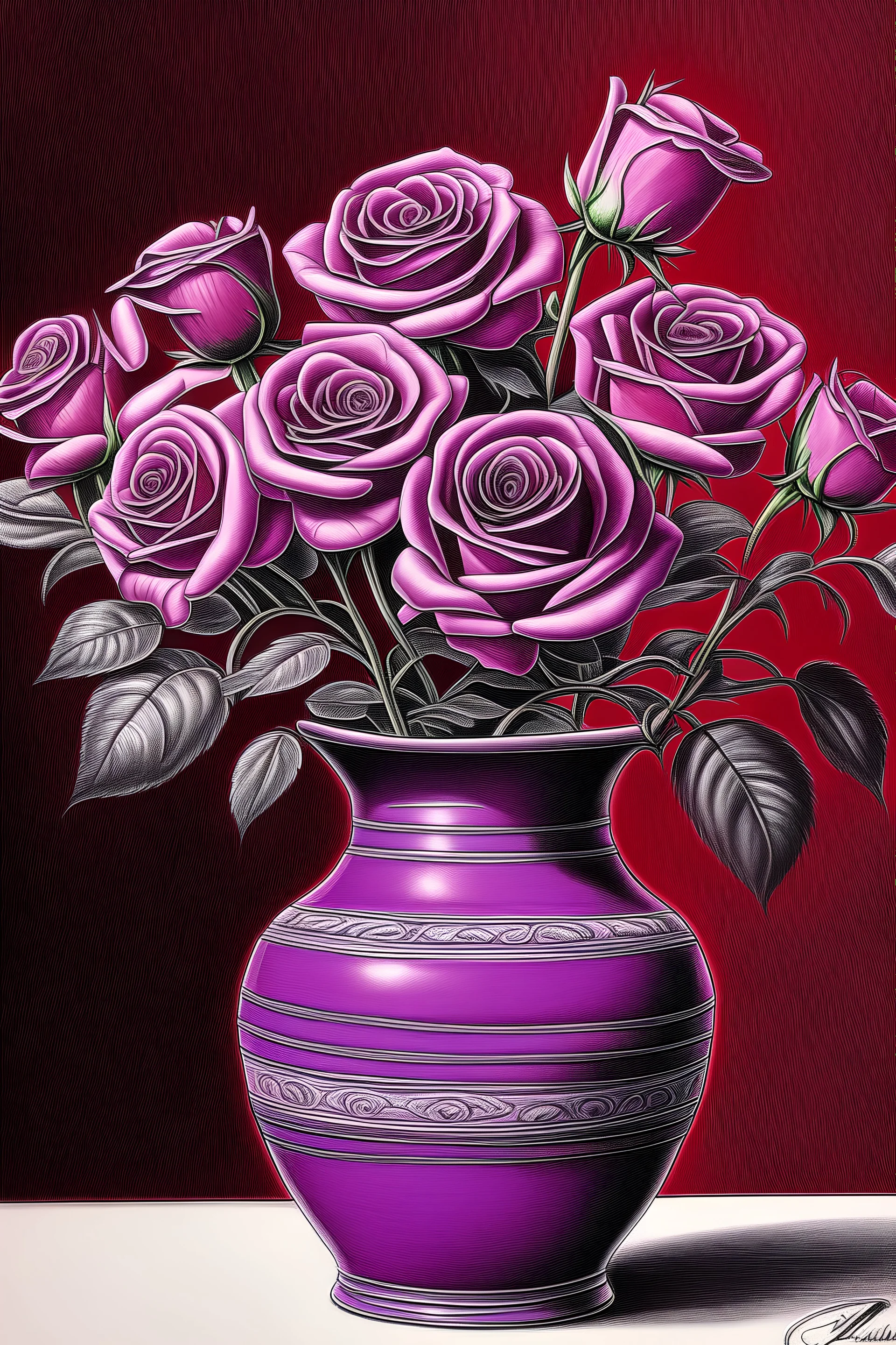 red roses in a purple vase drawing
