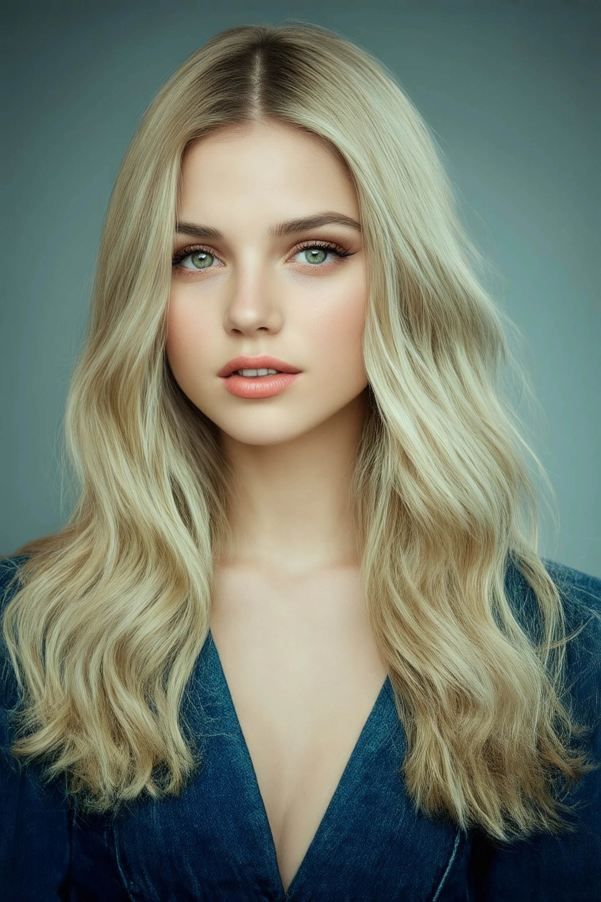 Ima Getchagirl, 14-year-old American actress, photorealistic 4K, cinematic lighting, heart-shaped face, porcelain fair skin with warm undertones, high cheekbones, soft peach blush, large almond hazel eyes flecked with green and amber, long curled lashes, soft arched brows, straight narrow nose with rounded tip, full lips with defined cupid’s bow, long, bleach-blonde hair with bangs mid-back length, voluminous waves, deep side part, slender hourglass frame