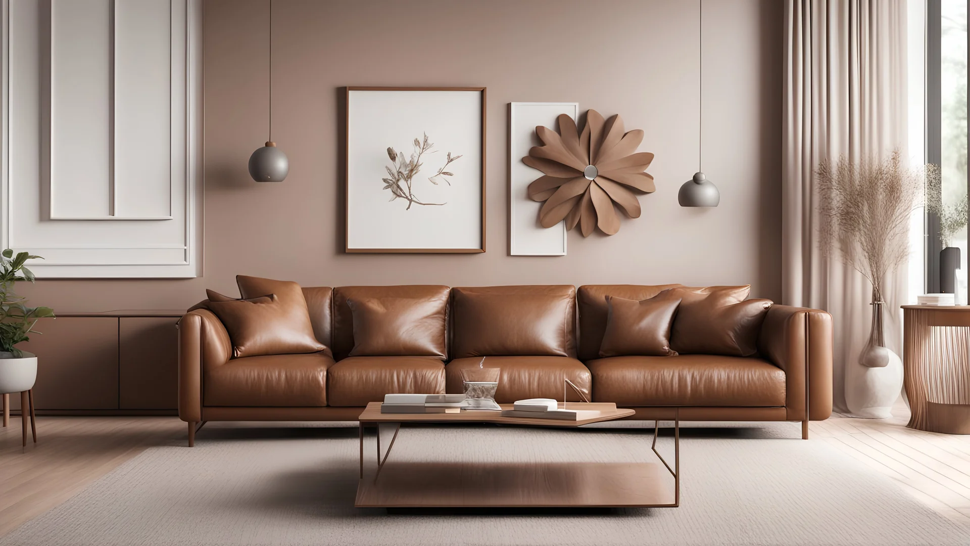 Home interior mock-up with brown leather sofa, table and decor in living room, 3d render