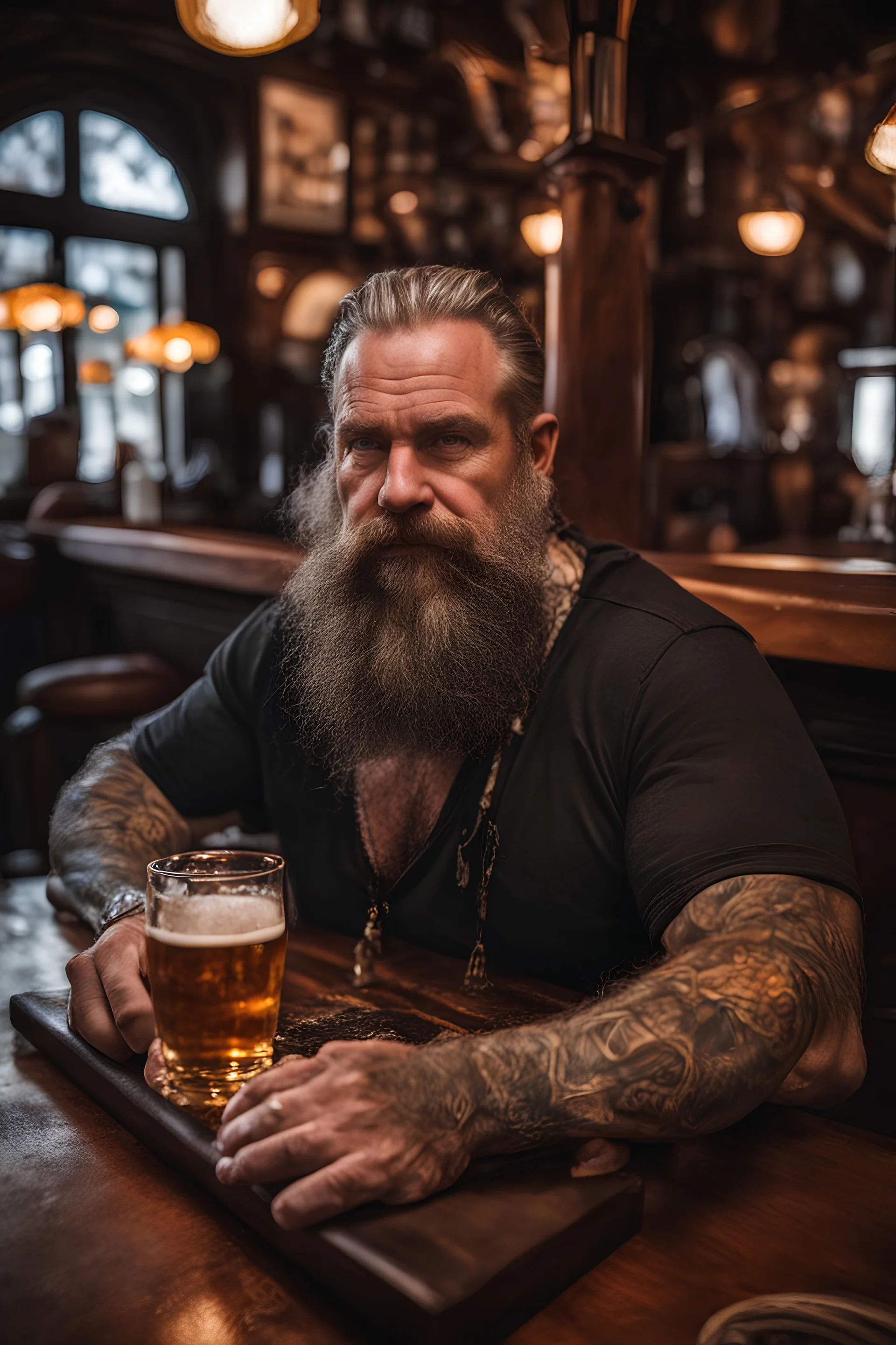 full body shot photography of a burly tired muscular beefy stocky viking tattoed 48 years old lying down relaxing on a table full of glasses of beer in irish pub, manly chest, shirtless, hairy torso, dressed wth traditional dress,, long hair, long beard, emotive eyes, big shoulders, ambient occlusions, photorealistic , aerial view