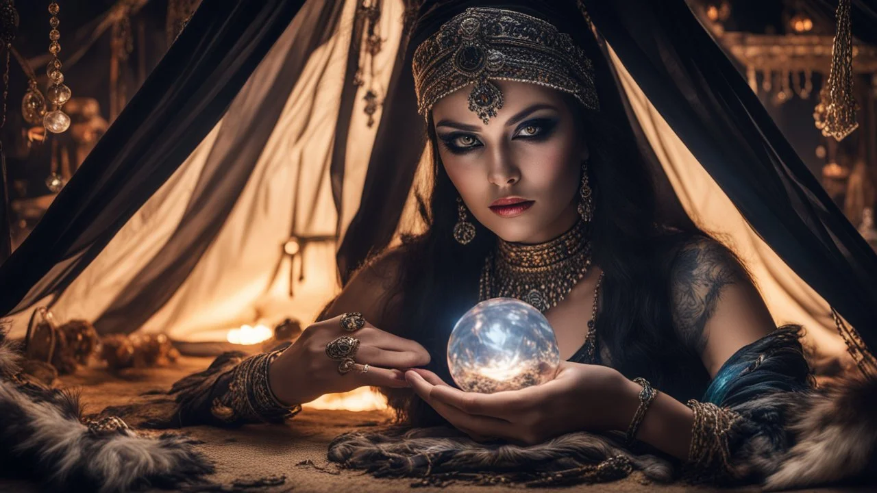 Hyper Realistic photographic-view of Wicked Fortune-teller wearing black-beed-necklace-&-bracelet angrily Looking at her crystal-ball glowing magically & sitting in her tent decorated with fancy-traditional-ornaments-&-feathers showing dramatic & cinematic ambiance"