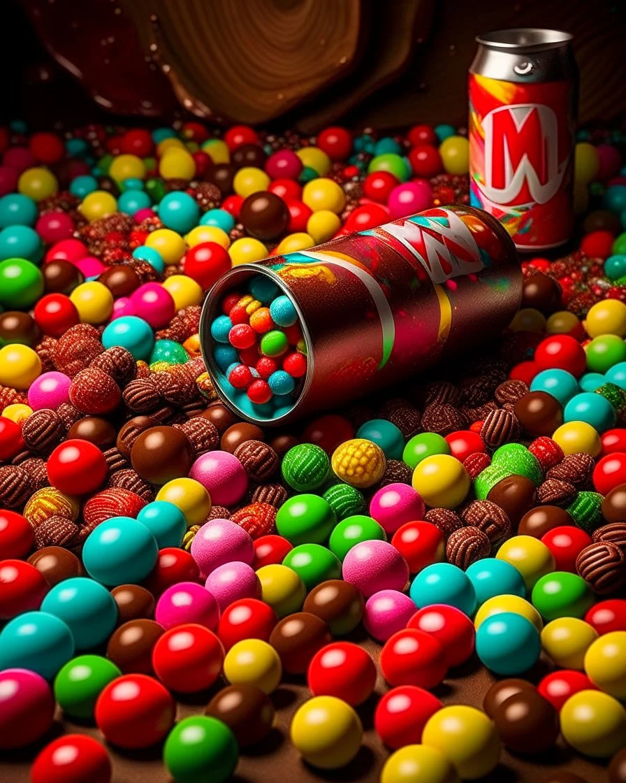 An image of several colored soda cans at the bottom of the image, with M&M chocolates spilling out of them, and the space is filled with color and chocolate chips in a soda-like atmosphere and happy, beautiful colors.