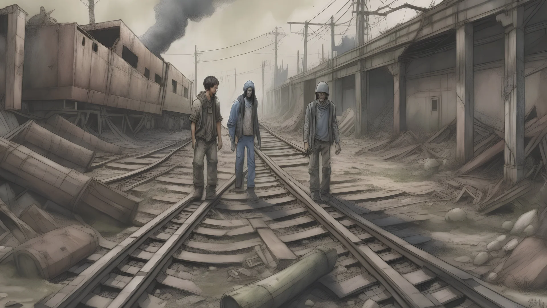 A realistic charcoal sketch of abandoned train tracks cutting through a post-apocalyptic urban landscape with a group of three diverse figures: a Hispanic male, an Asian female, and a Middle-Eastern male, scavenging for supplies among the broken buildings., pastel, soft tones, dramatic dutch light