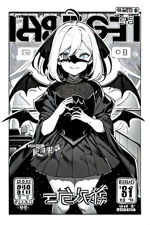 girl with demon mask in the middle of the room, line arts, manga cover, greyscale