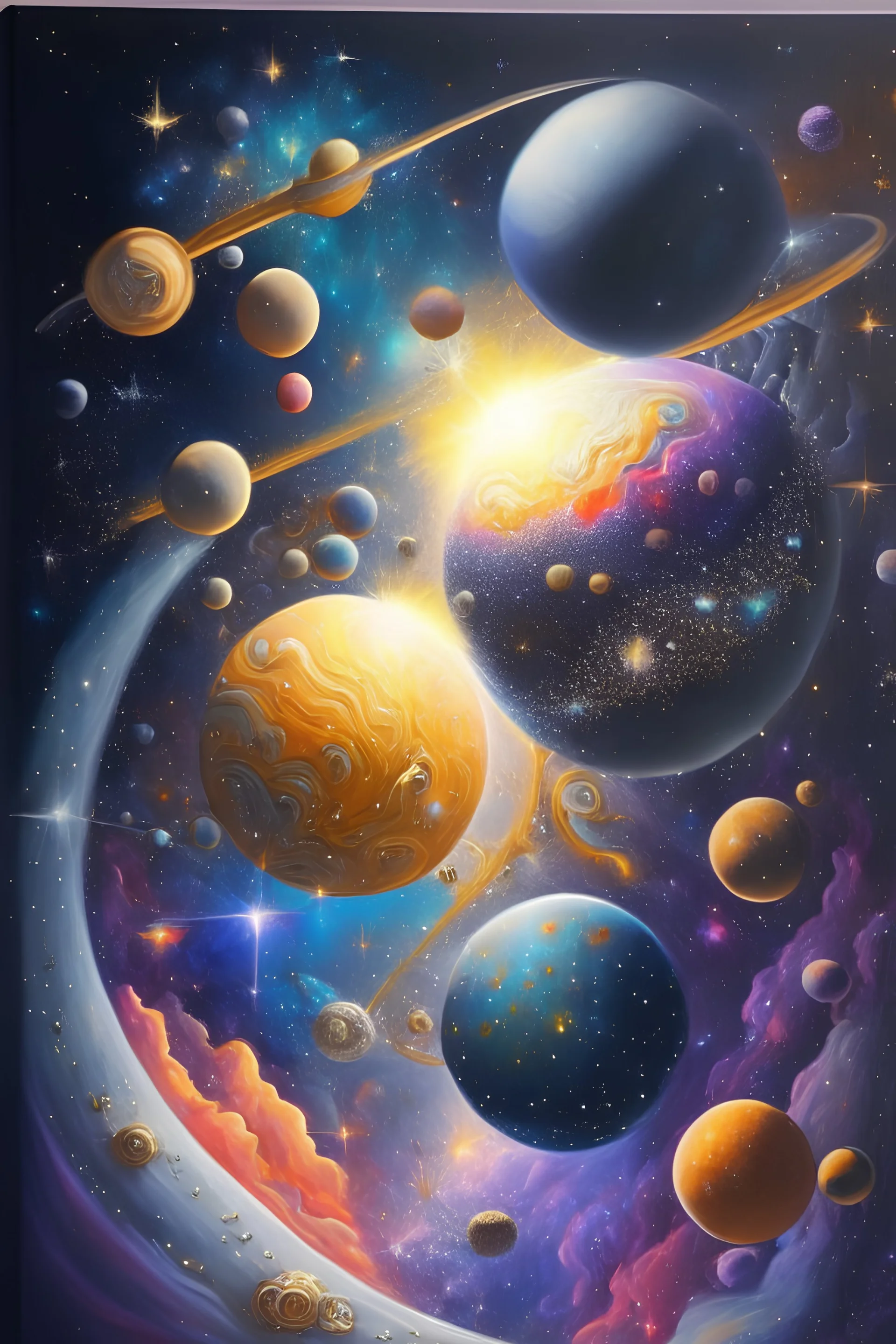 A 3D fantasy painting of an enchanted galaxy in space with bright and shiny silver and gold stars and colourful glittery planets.