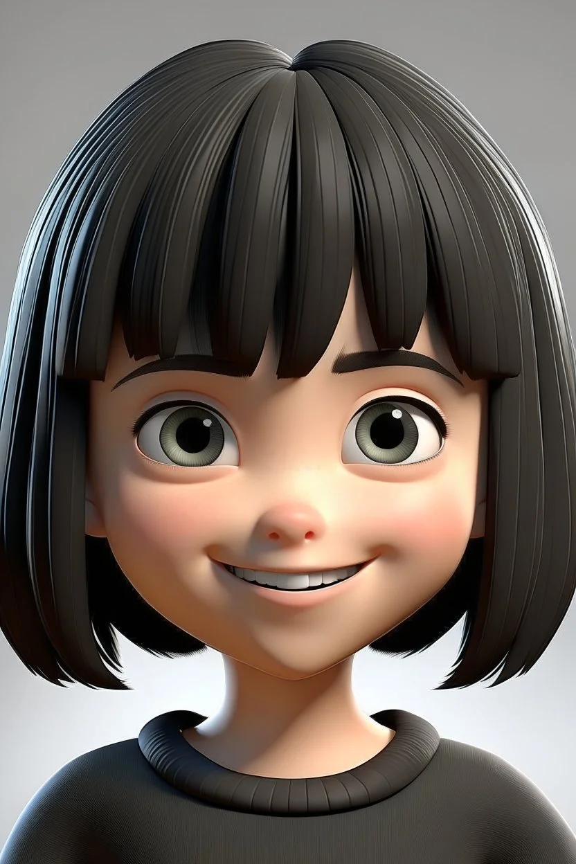 3D Cute girl perfect cute eyes ,smiley with bob hair ,medium black with bangs