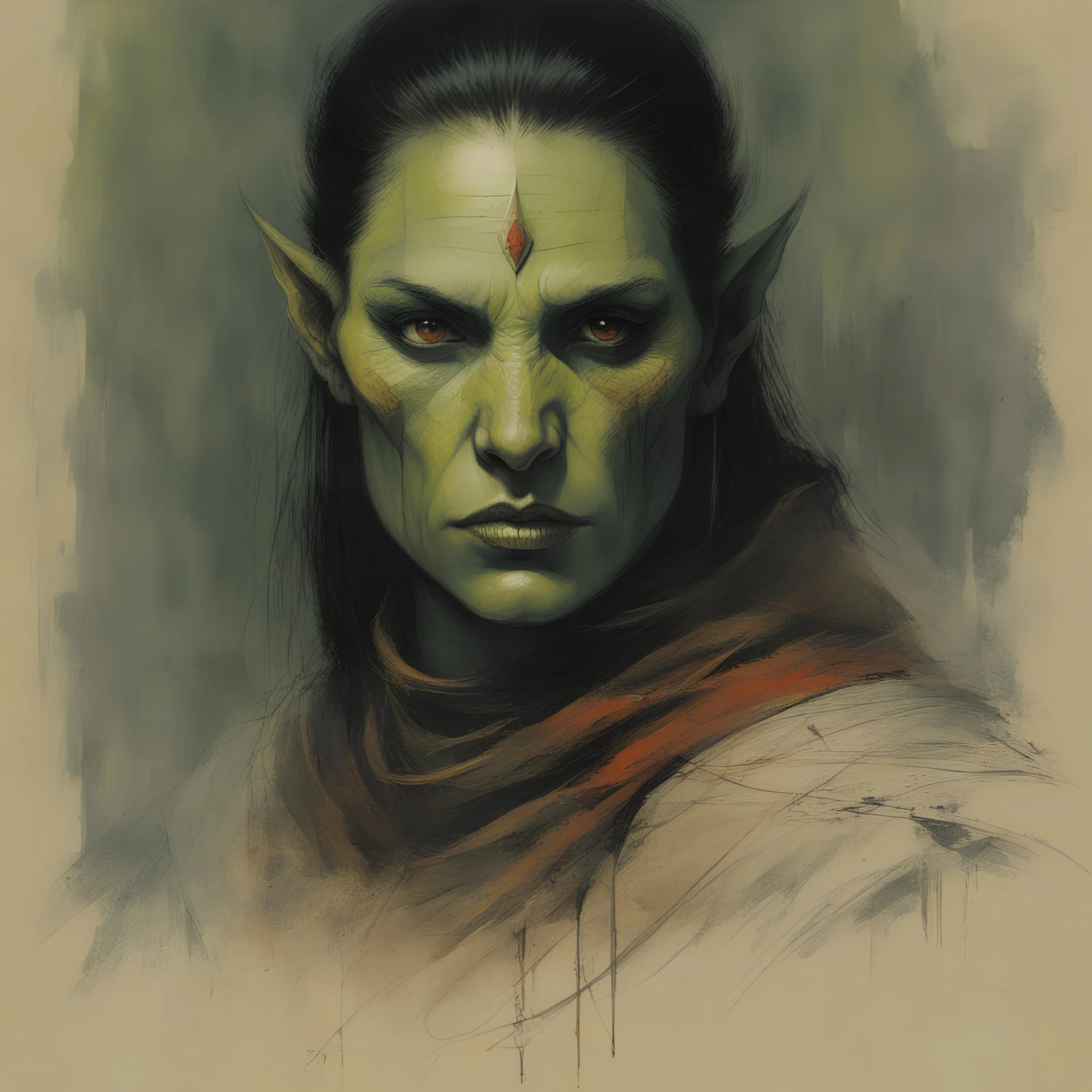 ConceptSheet: female half-orc assassin with AD&D statistics [by Zdzisław Beksiński]