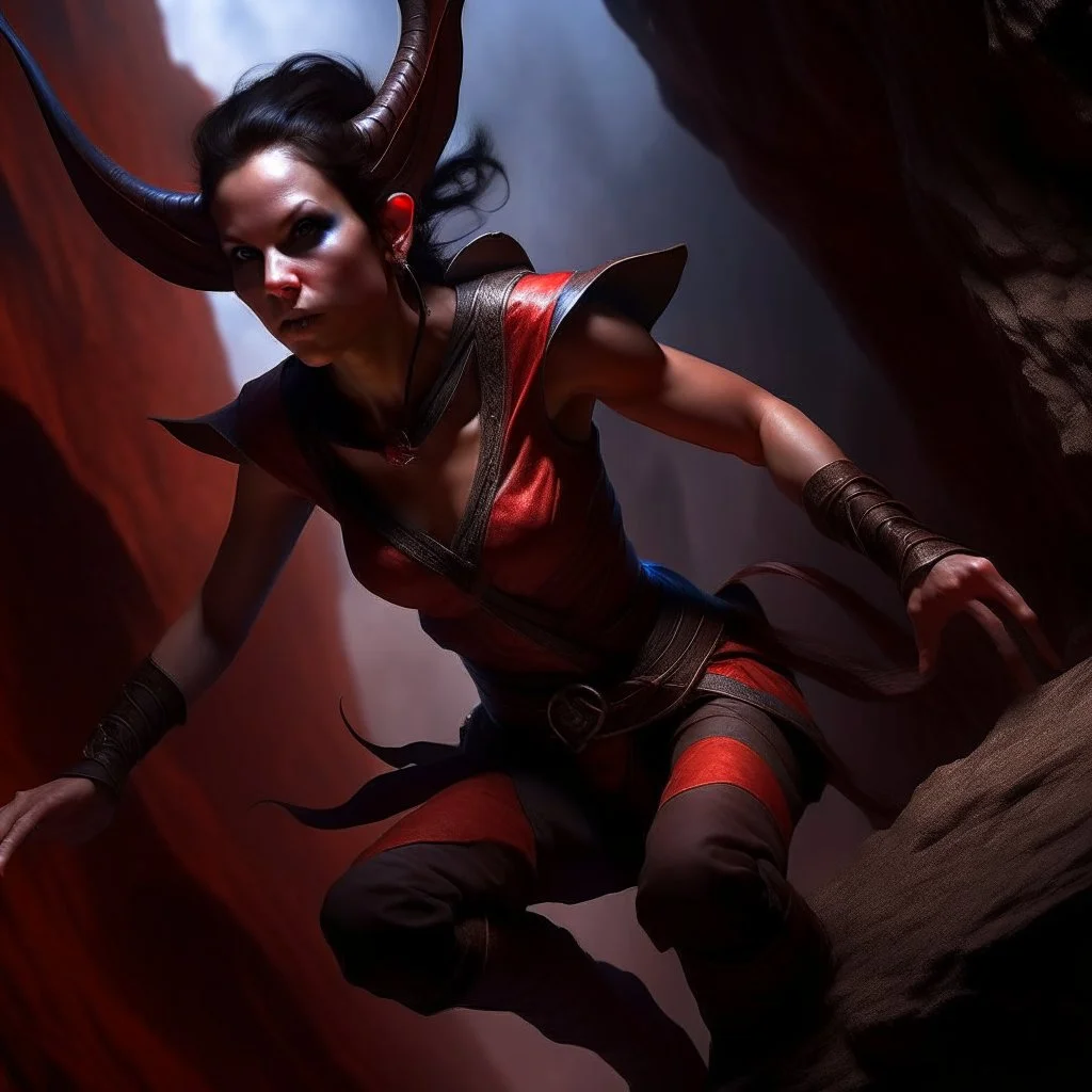 a beautiful tiefling woman with dark hair in a sleeveless battle outfit, flying over a dark chasm, photo quality, dark red colors