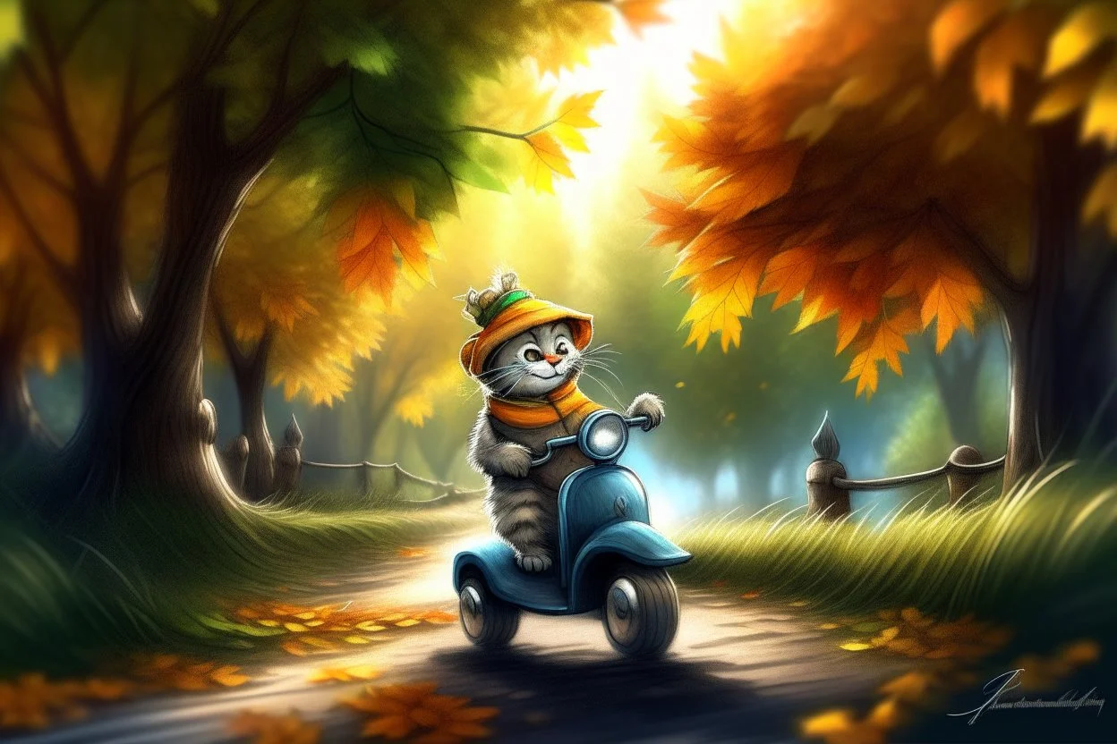 Cute little happy cat scarecrow riding a trike, forest path background, autumn, leaves swirling, waterfall, reflection, mist, sunrise, smooth intricate photorealistic hyperrealistic high definition beautiful lighting pencil sketch watercolor dramatic lighting storybook illustration polished Deep shadows deep color warm light