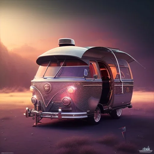 Modern Caravan, ultra realistic, intricate details, ultra highly detailed, shiny, smooth, studio quality, octane render, Surrealism, Triadic colour scheme,glow-stick, ambient lighting,nightclub lighting, polaroid, 100mm, --ar 1:1 --v4