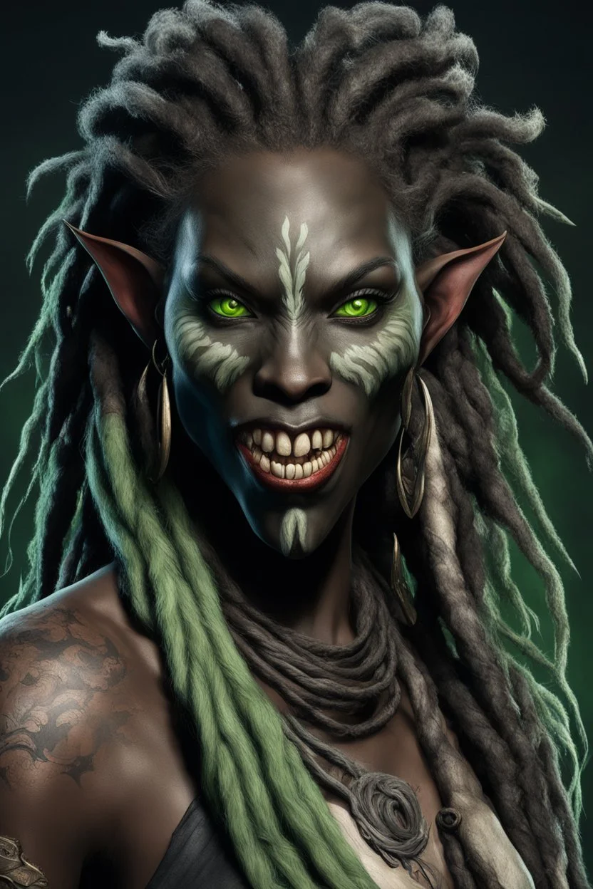 generate a dungeons and dragons character portrait of a female beast-human with black skin, dreadlocks, green piercing eyes, fangs and a thick nose