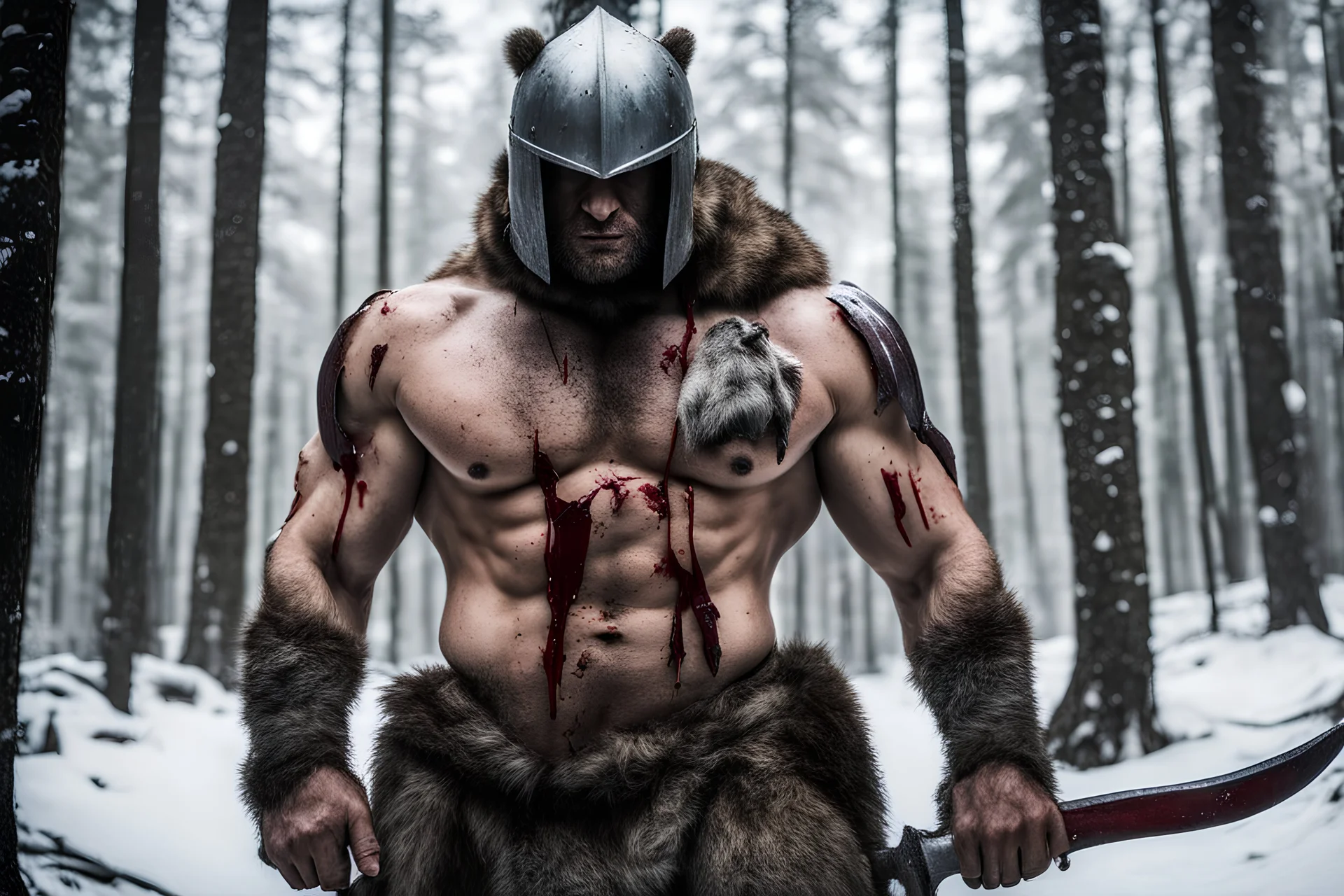 A strong man standing in cold windy snowy forest, shirtless, body scars, bloody, bear paws scars on chest, wearing a knight helmet face covered, carrying an axe