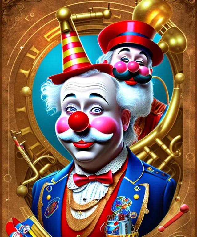 happy old friendly fat clown with round head and trimmed beard playing jazz with a steampunk theme, circus, realistic