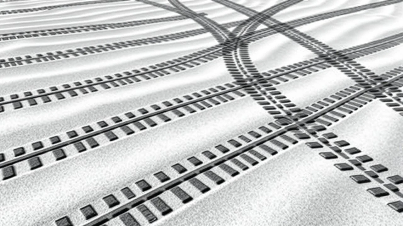 crisscrossing tire tracks on sand, black on white vector