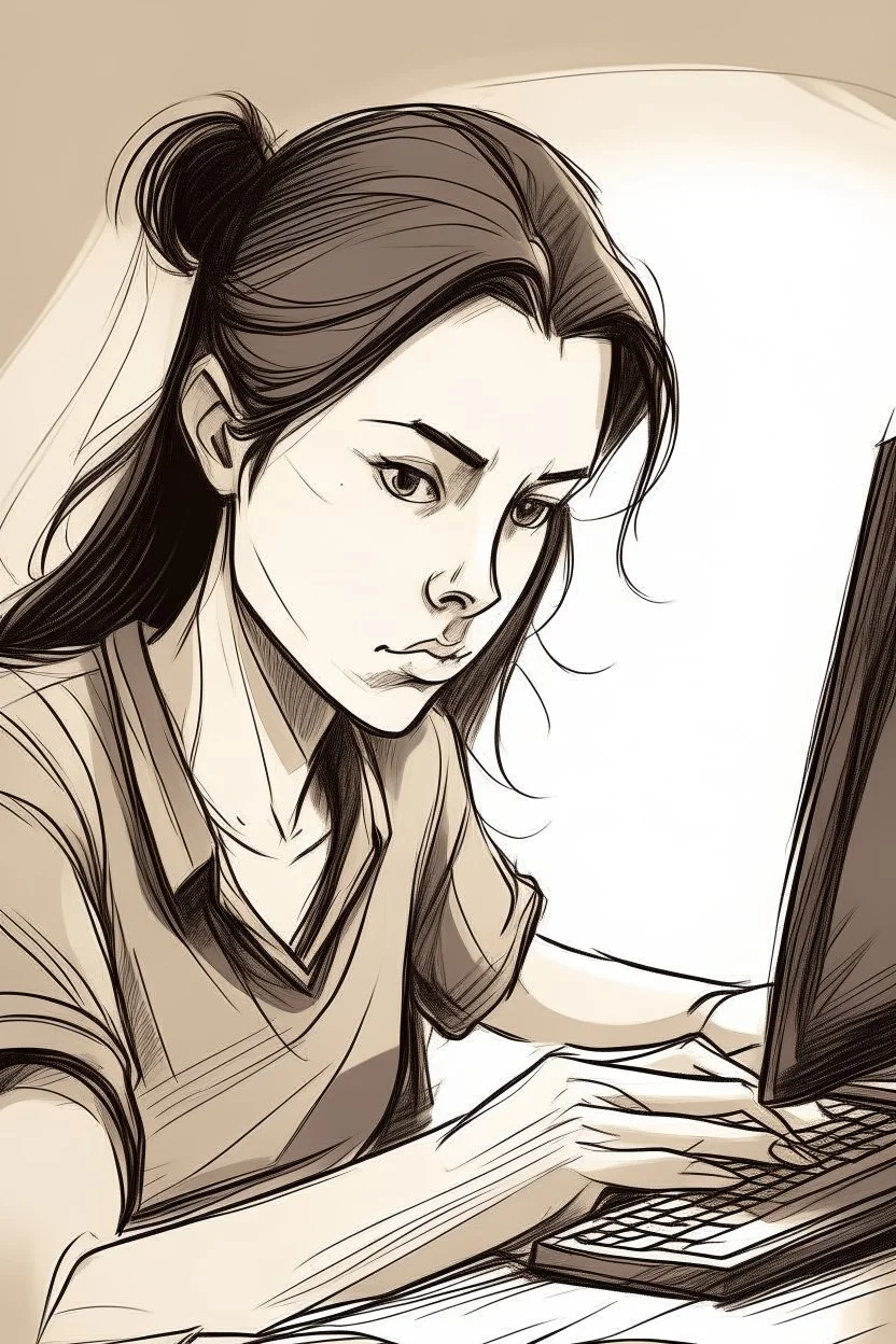 Dibujo de una mujer joven muy concentrada en su trabajo. Tiene una computadora y está agarrando un papel arrugado con fuerza