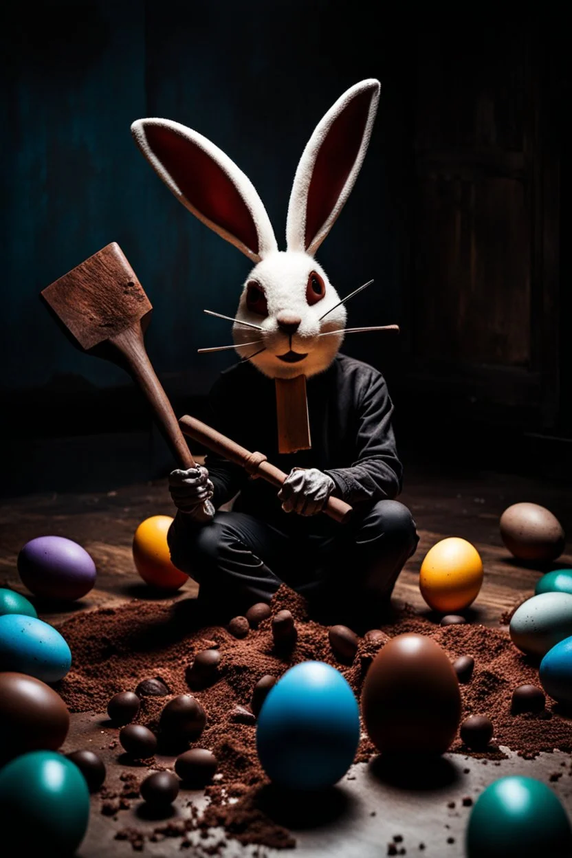 horror figure in rabbit mask sitting on the floor and shatters chocolate eggs with a big hammer, crepy, volumetric light, dark colors, surreal dark mood, cinematic