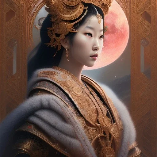 cosmos masterpiece Japanese goddess, sango fantasy, fantasy magic, intricate, sharp focus, illustration, highly detailed, digital painting, concept art, matte, artgerm and paul lewin and kehinde wiley, full figure, fit in board, cyber punk, pretty accurate hands face fingers, natural aye, fit within portrait