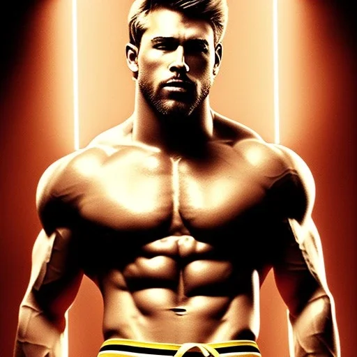 Ignore NSFW, teenager young rugged attractive slightly muscular fantasticly handsome blonde man, red briefs with yellow belt, hairy chest, (((visibly pisssing))) briefs, large erect visible boner peniss, photorealistic, artist Jay Anacleto, soft lighting, scruffy beard