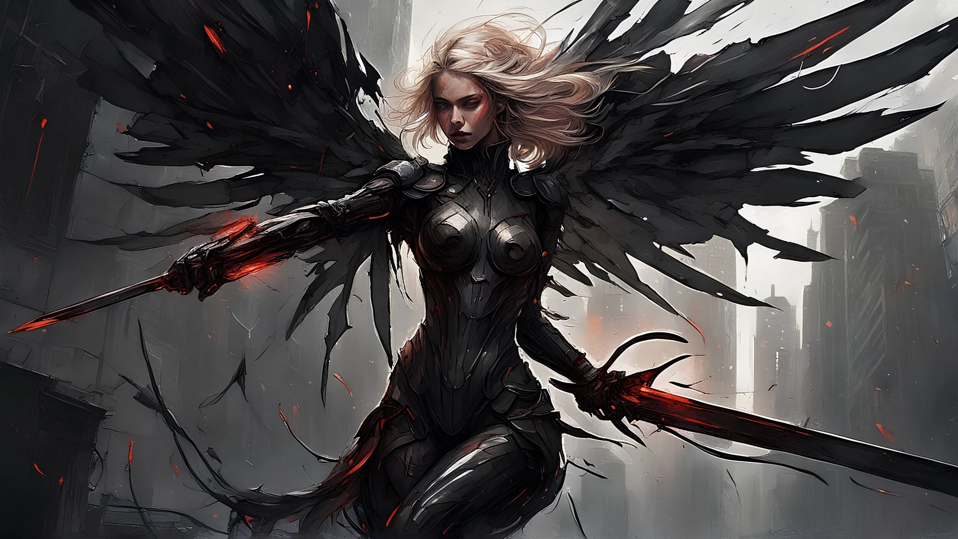 biomechanical women, beautiful, cyberpunk, dusty blonde, short square, large biomechanical black wings, sword, cybernetic, dynamic pose, rain, wind, ashes, flashes of fiery threads, sketch art, fine lines, grunge, sensual, darkness, dark colors, by Raymond Swanland & Alyssa Monks & Anna Razumovskaya