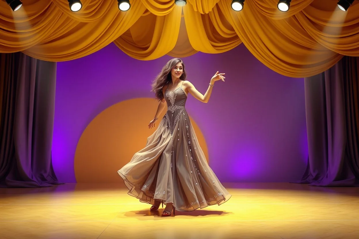 modern stage with gray-dark yellow blueish violet theme artistic decoration , color full dynamic lighting, a beautiful lady in maxi dress with shining silver jewels ,curvy long hair,dancing, 3D recursive fractal structure animating background