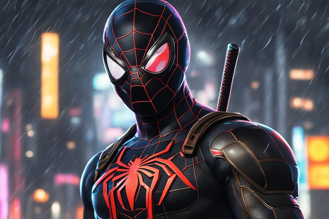 Miles morales in 8k nier automata drawing style, venom them, cinematic mood, neon effect, close picture, rain, highly detailed, high details, detailed portrait, masterpiece,ultra detailed, ultra quality