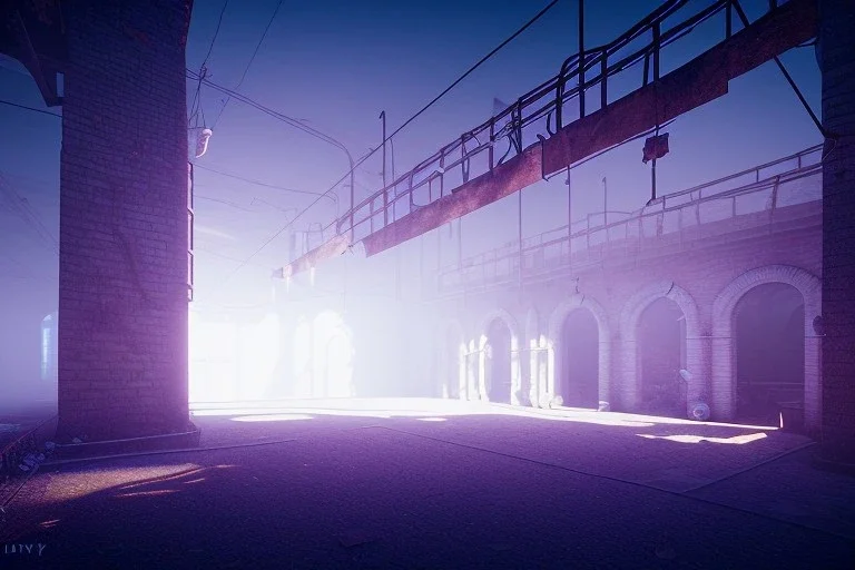 old prison yard, plains , night time , unity, scriptable render pipeline , lighting , volumetric , global illumination, fog ,blue emission , purple tone.