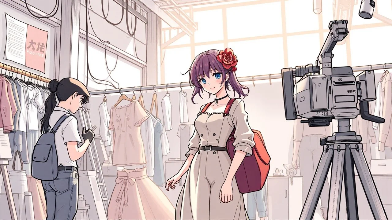 Draw A giant beautifu fashion model lady With Some anime very little workers.The workers are working on gian lady to prepare she for her show
