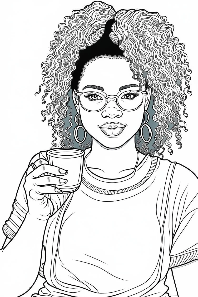 black curvy woman wearing jeans, drinking coffee, eyes front camera coloring page