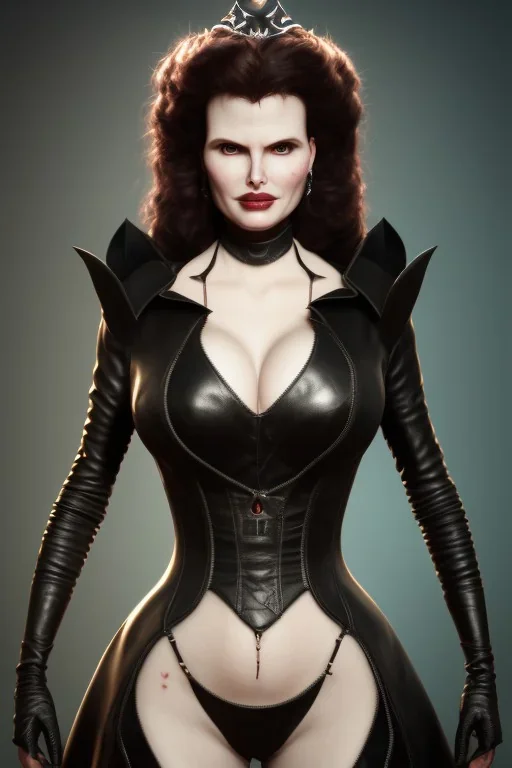 Geena Davis as evil queen in black leather, leather, busty, cleavage, angry, rage, stern look. character design by cory loftis, fenghua zhong, ryohei hase, ismail inceoglu and ruan jia. unreal engine 5, artistic lighting, highly detailed, photorealistic, fantasy