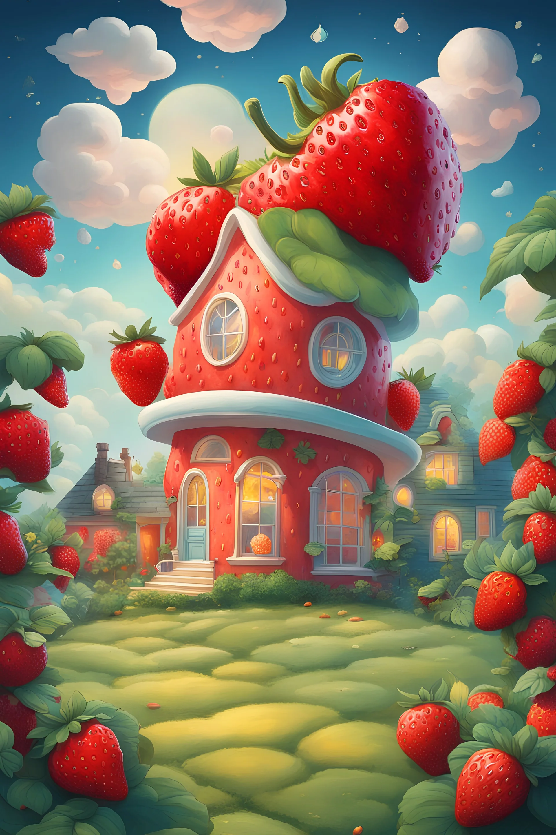 An advertisement poster for a cartoon character, a strawberry, a lemon, and a fantasy cloud, and a dazzling background for a house shaped like a strawberry and a garden.