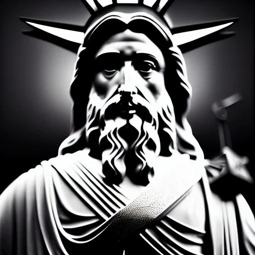 line toned, hedcut, wsj style, statue of cruicified Jesus of Liberty with a beard and wearing a cross and hanging from a cross, The statue male, hyperdetailed intricately detailed photoillustration ink drawing dystopian 8k resolution entire body of the statue is in the picture. digital illustration telephoto lens photography , same colors as the us treasury's one dollar bill, crucified"