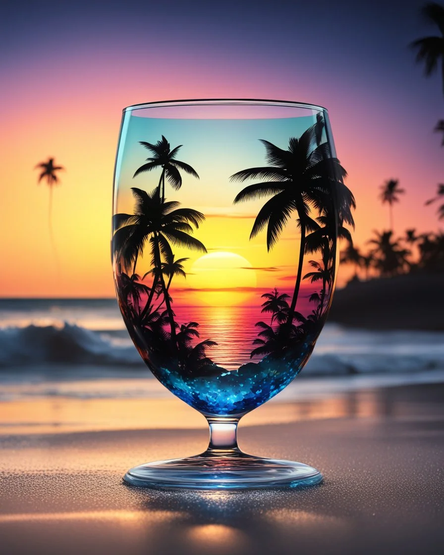 Stunning conceptual beach scene illustration in cocktail glass silhouette. Beach with vibrant colors, sunset sky and coast with palm trees. Cinematic black background, the glass looks like a window to a tropical paradise.12k 3D HD hyper-realistic Image quality CodeFormer AI 12K, cute flower fairy with bright wings like morning dew, flutters from flower to flower. Hair in curls,adorned with petals and pollen, mysterious phoenix woman,her silhouette made with interconnected and integrated elements