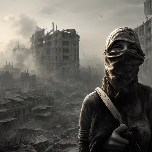 women, faces covered in black masks, ragged clothes, holding flag, war-torn, destroyed city in the background, 8k resolution, hyperrealistic, detailed matte painting, b&w, dynamic lighting, war, anarchy, terrorists