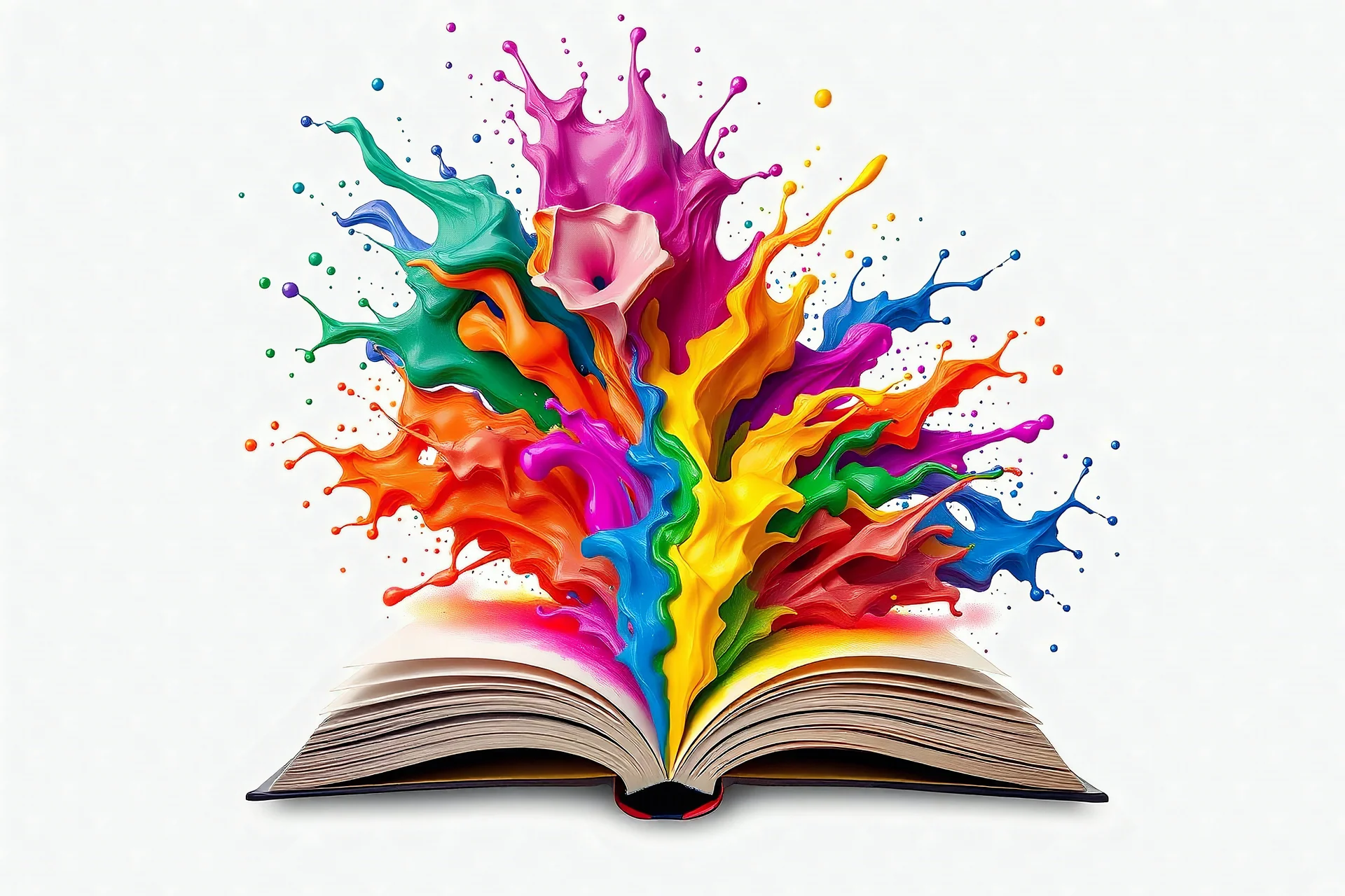 Mesmerizing library rainbow-like explosion of colors that bursts from a book. The fluid paint cascades downward in a dynamic motion, creating a captivating visual effect. Fluid paint explosion, resulting in a harmonious fusion of modern design, painting, and illustration. White Background