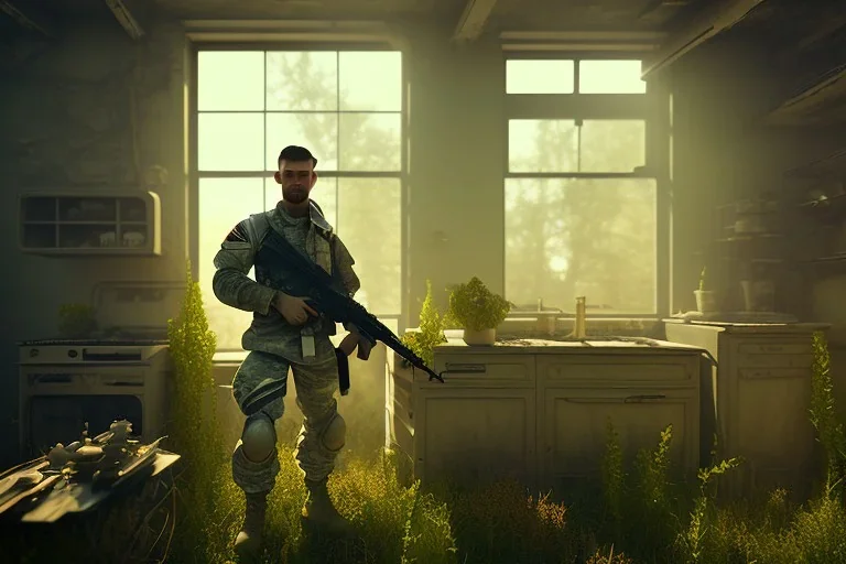 soldier in kitchen,overgrown, sundown, volumetric lighting through window, abadoned,post apocalyptic, rundown, realistic, unity engine, bloom,cinematic lighting,blue tone, octane render.