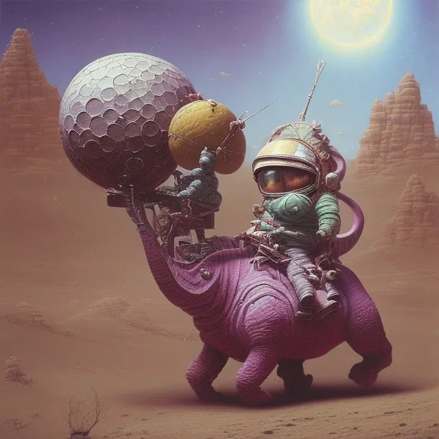 1yo little boy is on safari on the moon. riding a pink dinosaur. he has big and a funny hat. High detailed. Cinematic. oil on canvas painting. Warm lights. beksinski